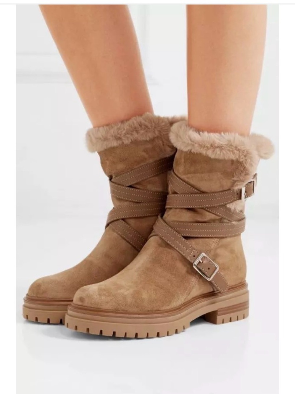 Gianvito Rossi Tan Suede Fur-Trim Buckle Lug Boots Size 37.5